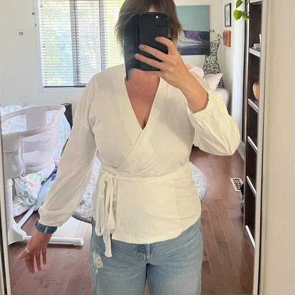 J. Crew White Wrap top with Tie Belt and Billowy Sleeves - Picture 2 of 5